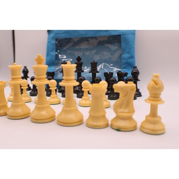 Complete Set Chess Pieces Black Tan Board Games Blue Zippered Case Resin Acrylic - Picture 5 of 11